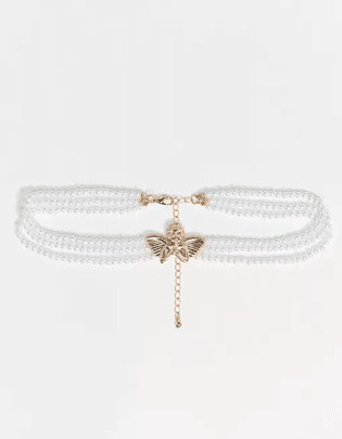 Asos Design Faux Pearl Necklace With Cherub In Gold Tone