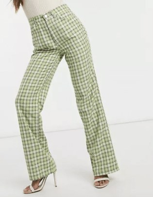 Asos Design High Waisted Flare Pants In Lime Green Check