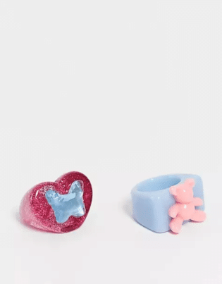 Asos Design Pack Of 2 Glitter Plastic Rings With Plastic Bear And Butterflies