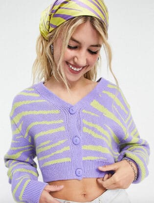 Collusion Boxy Cardigan In Zebra Purple And Green Print