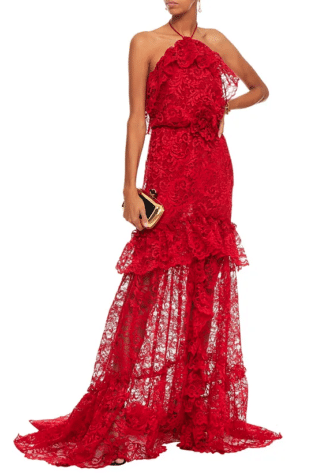 Dundas Ruffled Floral Appliquéd Corded Lace Halterneck Gown