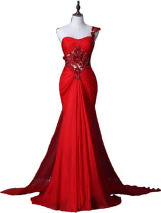 Elegant Burgundy Formal Evening Dress, Lace Applique Mermaid Ball Gown, One Shoulder Trailing Sexy Dress