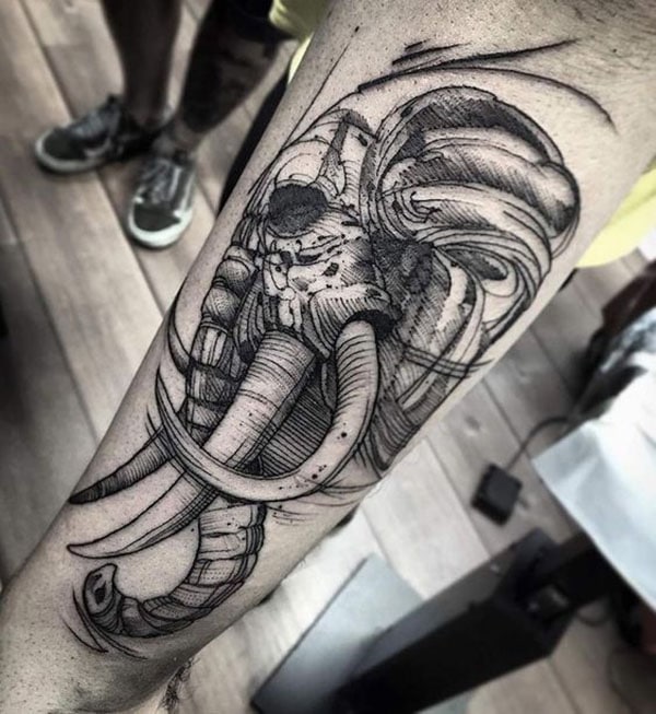 Black Ink Elephant Skull Tattoo On Man Chest