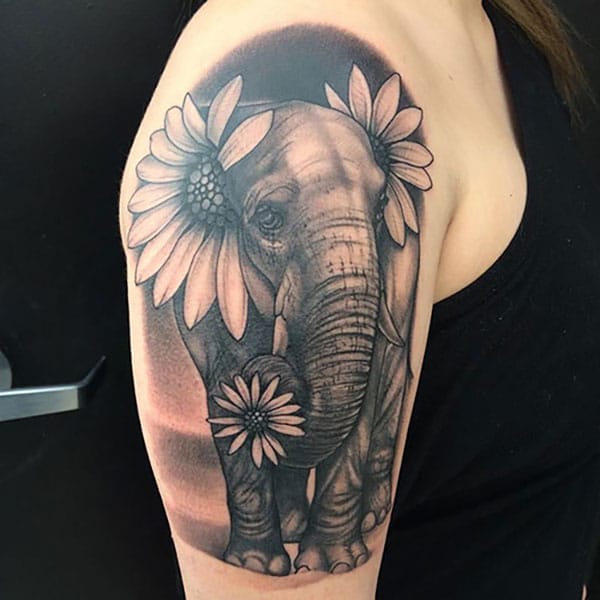 Elephant Tattoo With Flowers