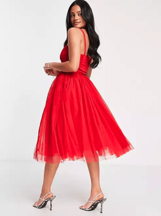 Lace & Beads Exclusive Prom Midi Dress With Mesh Corset Waist Detail In Red