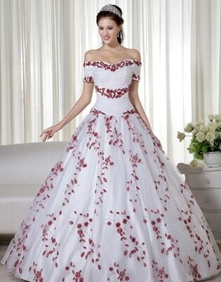 Magnificent White With Red Roses Princess Wedding Dress Bridal Gown With Hooped Petticoat Included