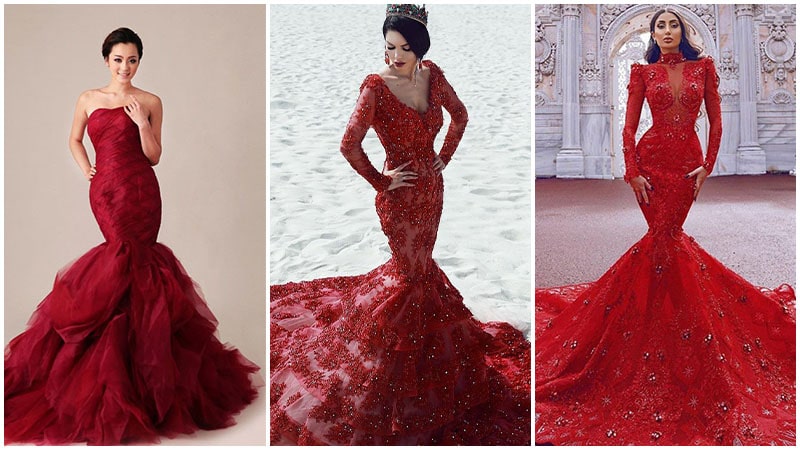 A line Off Shoulder Sleeve Deep Red Lace Wedding Dress – misaislestyle