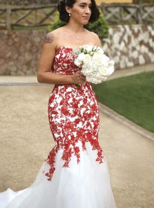 Red Lace Wedding Dress With Ivory Tulle, Strapless Sweetheart Neckline