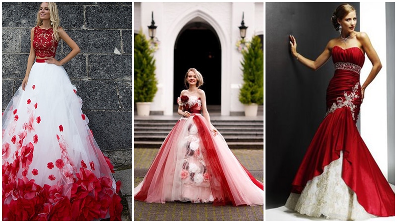 wedding dress with red sash~love a touch of color:)  Red wedding dresses,  White wedding dresses, Red and white weddings