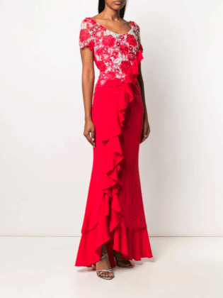 Talbot Runhof Boccacio Ruffled Floral Macrame Gown