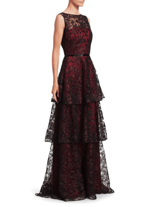 Theia Embroidered Tiered Ruffle Gown