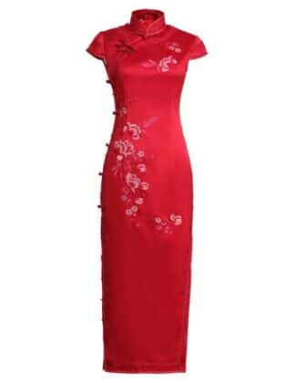 Traditional Chinese Dress, Red Embroidered Floral Cheongsam, Evening Dress, Tea Ceremony, Wedding Qipao, Mandarin Collar