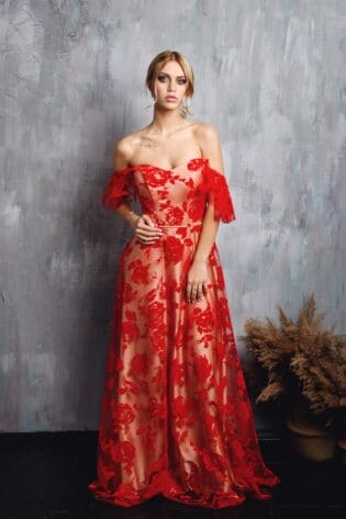 Unique Red Roses Boho Formal Dress With Lace Up Courset. Floral Brisemaid & Coctail Off The Shoulder Dress. Custom Evening And Prom Dress.