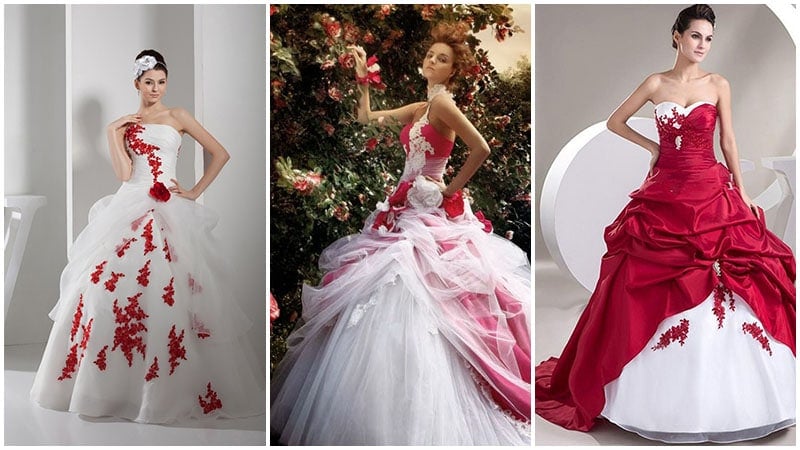 wedding dress with red sash~love a touch of color:)  Red wedding dresses,  White wedding dresses, Red and white weddings