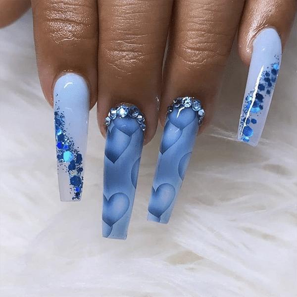 Blue Hearts And Rhinestones Design Diamond Nails Nailsflex