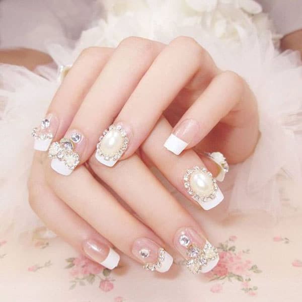 French Manicure With Rhinestones Diamond Nails