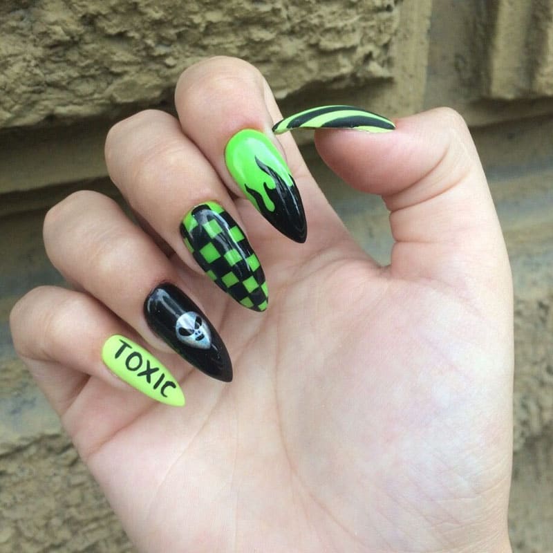 Black And Neon Green Nails