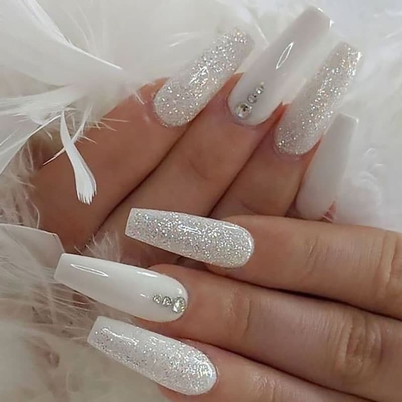 Coffin Nails With Rhinestones And Glitter