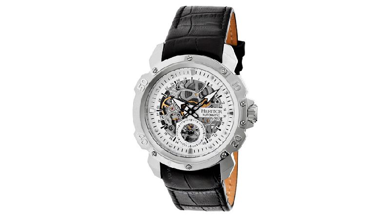 Heritor Carter Silver Skeleton Dial Black Leather Men's Watch