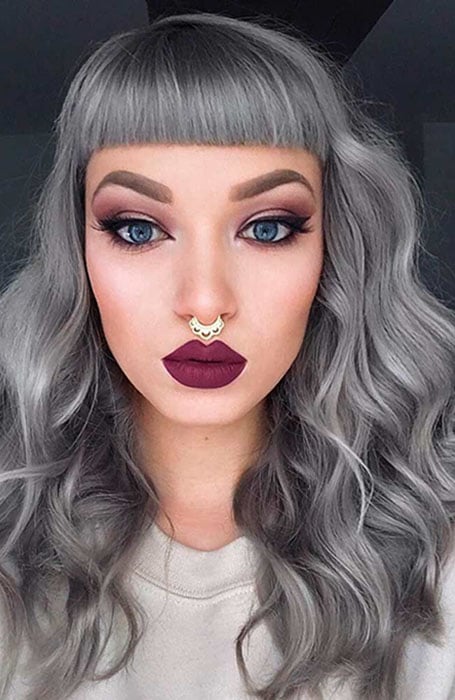 Grey Wavy Hairstyle With Bangs