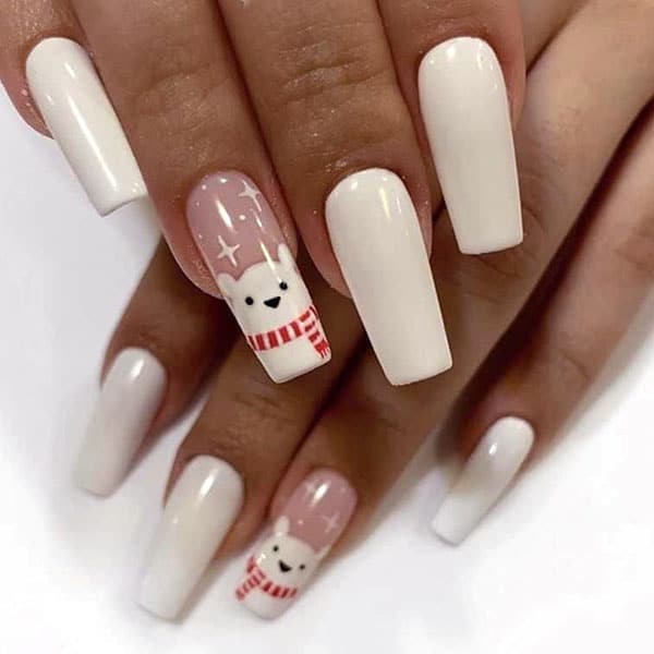 Nude And White Christmas Nails