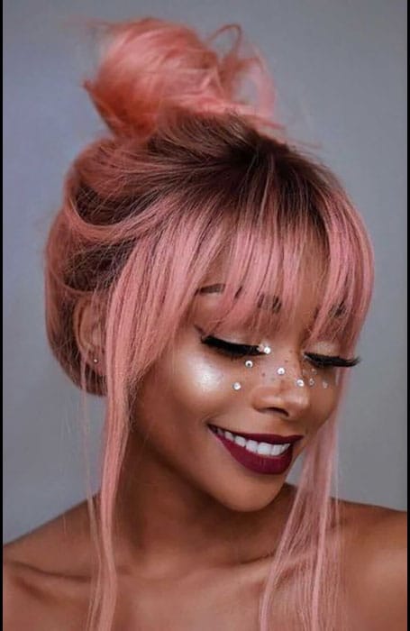 Pink Hair Top Bun With Wispy Fringe