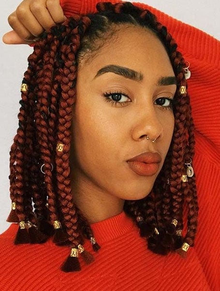 Red Bob Box Braids With Beads