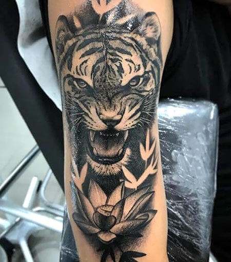 Grey Ink Open Mouth Animal Tattoo On Lower Arm Real Photo Pictures   Tiger  tattoo design White tiger tattoo Mens tiger tattoo