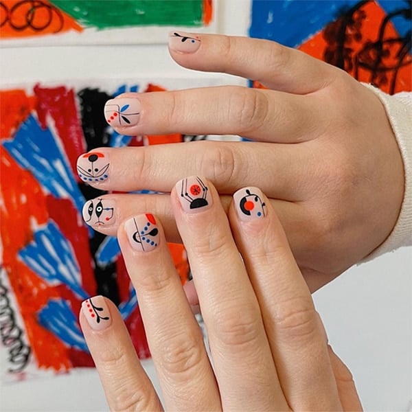 Short Red, Blue, And Black Nails