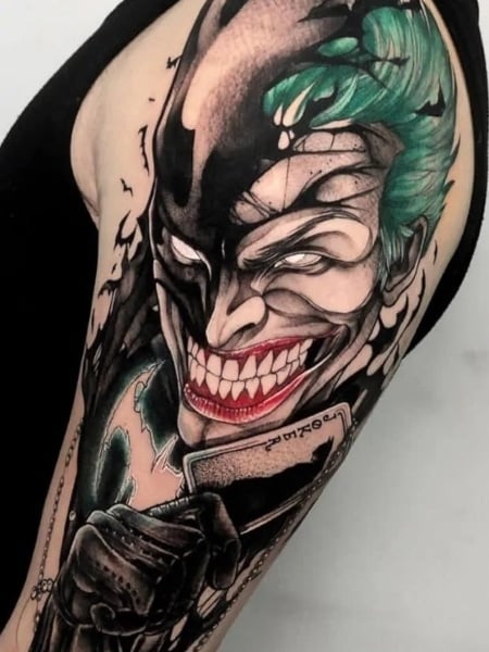 Tattoo uploaded by Rebel Muse Tattoo • Joker mask portrait fron Batman, the  dark knight. Color realism on the leg • Tattoodo