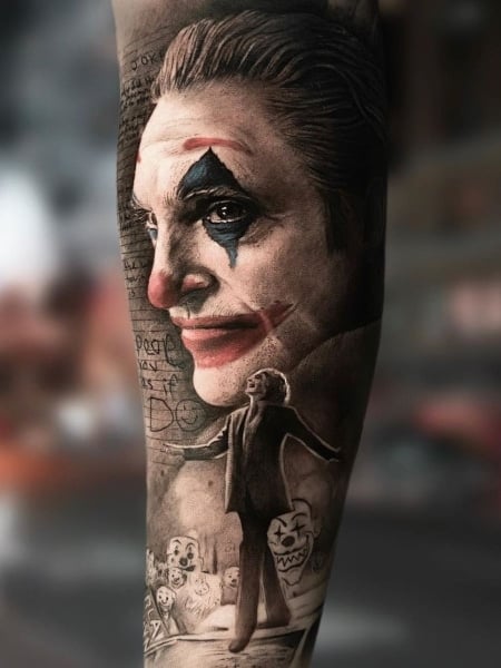 Heath Ledger as The Joker portrait tattoo on the calf