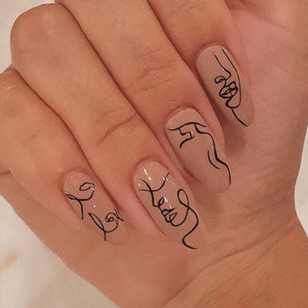 Line Art Almond Nails