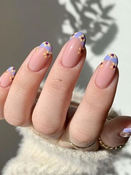Oval French Tip Acrylic Nails With Flowers