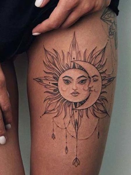 Sun And Moon Leg Tattoo