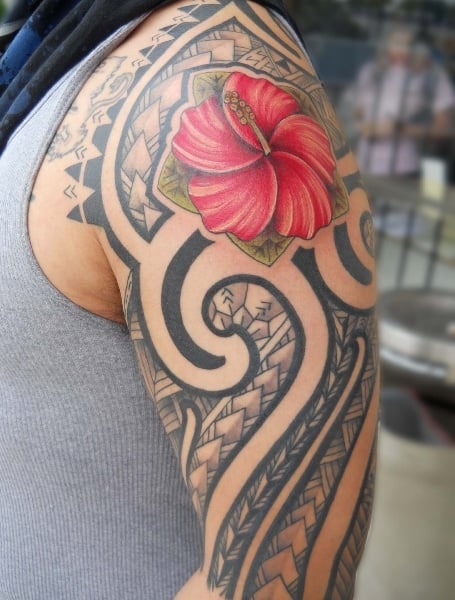 Realistic hibiscus flowers Hawaiian inspired sleeve by Jose Gonzalez  TattooNOW