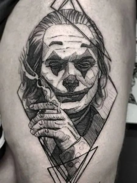 prompthunt tattoo design of margot robbie with joker makeup holding an  ace card black and white realism tattoo hyper realistic highly detailed