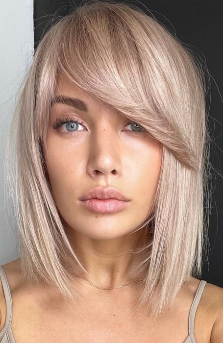 Blunt Cut Side Swept Bangs Medium Lenght Hairstyles