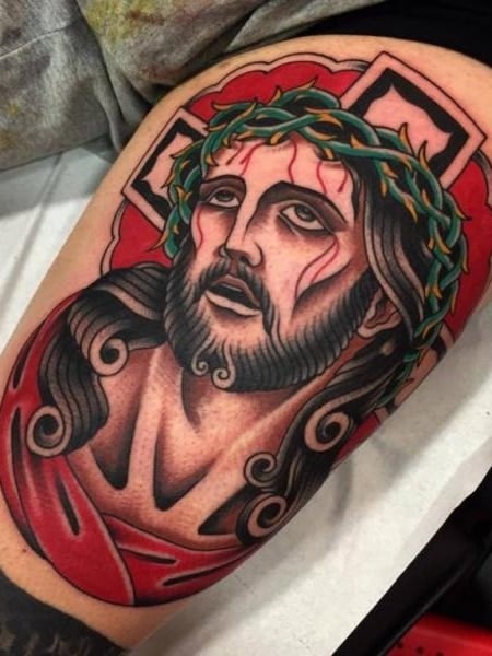 Jesus Tattoo On Thigh 1