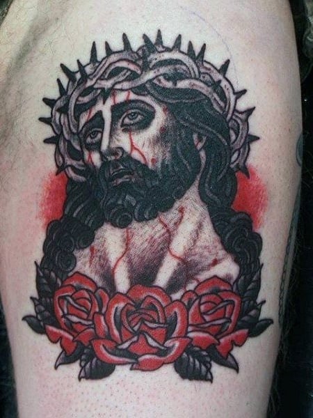 Jesus Tattoo On Thigh