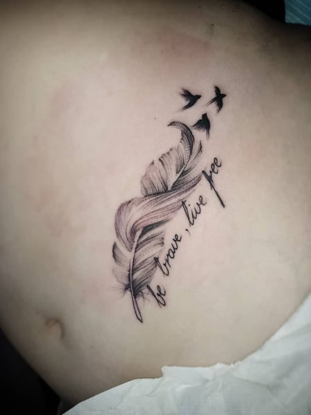 Byram Ink Tattoo - Cool feather with quote on the ribs! #ouch #feather # quotes #feathertattoo #ribtattoo #blackandgreytattoos #greywash #ink #art |  Facebook