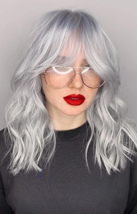 Mid Length Gray Hair With Curtain Bangs