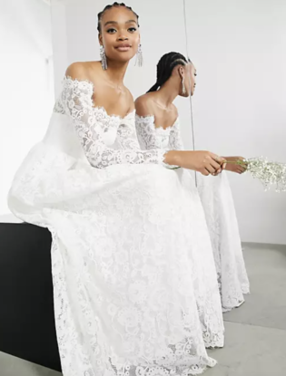 Asos Edition Hazel Lace Long Sleeved Off The Shoulder Wedding Dress