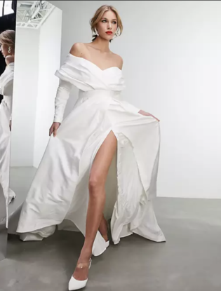 Asos Edition Lola Satin Structured Off Shoulder Wedding Dress With Full Skirt