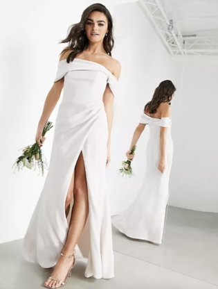 Asos Edition Satin Bardot Drape Wrap Maxi Dress In Pale Silver