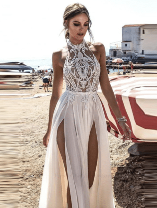 Beach Wedding Dress Boho Bride Gown Sexy High Side Slit Halter | Etsy Australia