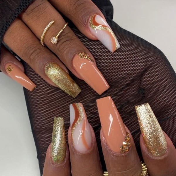 Gold, Orange, And White Nails 