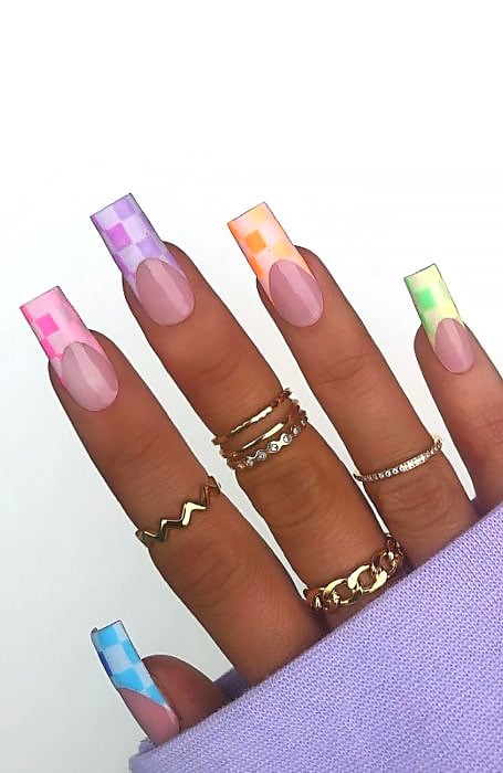 Long Colorful Nails With Checks 