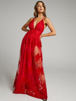Marissa Velvet Applique Tulle Plunge Maxi Dress In Red | Showpo
