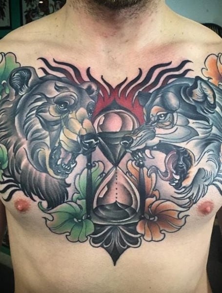 american traditional wolf chest tattoo