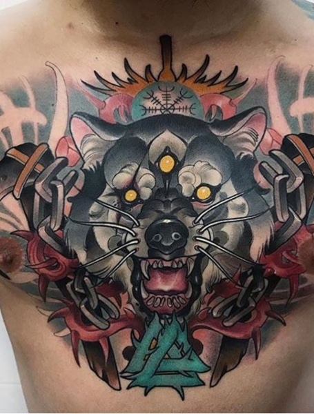 neo traditional wolf head tattoo